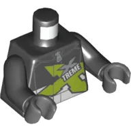 Torso Race Jacket with Zipper and Lime, Silver and White 'XTREME' Print, Black Arms, Dark Bluish Gray Hands