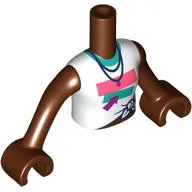 Minidoll Torso Girl with Reddish Brown Arms and Hands with White Tied Shirt, Coral/Dark Turquoise Rectangles, Magenta Arrow, Dark Blue Necklace print