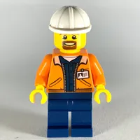 Miner, Open Orange Jacket with ID Badge, White Hard Hat, Goatee Beard