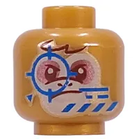 Minifig Head Albert, Tan Face, Medium Nougat Eyeshadow, Queasy / Determined, Blue Crosshairs print