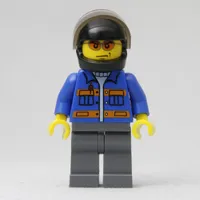 Worker, Blue Jacket with Orange Stripes, Dark Bluish Gray Legs, Black Helmet with Visor, Orange Sunglasses