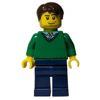 Man, Green V-Neck Sweater, Dark Blue Legs, Dark Brown Hair, Stubble