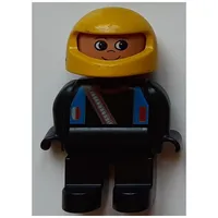 Duplo Figure, Early, Helmet Yellow, Light Gray Legs, Blue Straps and Racer Diagonal Zipper Print