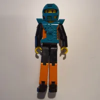 Technic Figure Orange/Black Legs, Orange Torso with Silver Print, Black Arms, Black Hair - Dark Turquoise Helmet