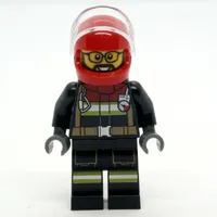 Firefighter, Black Fire Suit, Red Helmet with Visor, Glasses
