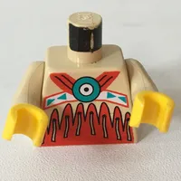 Torso Buckskin Tunic with American Indian Decorations, Red on Bottom and Fringe Print, Tan Arms, Yellow Hands