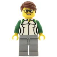 Woman, Green and White Jacket with Zipper, Light Bluish Gray Legs, Reddish Brown Hair, Glasses