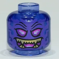 Minifig Head Overlord, Dark Pink Eyes, Yellow Fang Teeth / Swirled Flames print