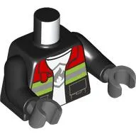 Torso Fire Jacket with Red Collar and Reflective Stripes, Open over White Shirt with Fire Logo Print, Black Arms, Dark Bluish Gray Hands