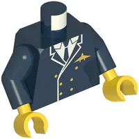 Torso Pilot Jacket, Suit Double Breasted, Tie, Gold Buttons and Logo Pin Print, Dark Blue Arms, Yellow Hands