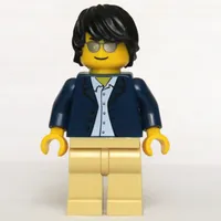 Man, Open Dark Blue Jacket, Tan Legs, Black Hair, Silver Sunglasses