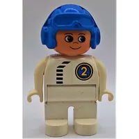 Duplo Figure, Early, Aviator Hat Blue, White Legs, Black Zipper and Racer #2 Print