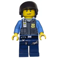 Policeman, Dark Bluish Gray Vest with Radio, Badge and Pouches over Medium Blue Shirt, Black Hat with Visor