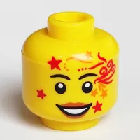 Minifig Head, Peach Lips, Red and Orange Stars and Ornaments Face Paint and Smile Print