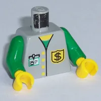 Torso Bank Employee Jacket, Dollar Sign Badge and ID Print, Green Arms, Yellow Hands