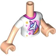 Minidoll Torso Girl with Light Nougat Arms and Hands with White Shirt, Dark Pink Collar, Unicorn on Bright Pink Circle print