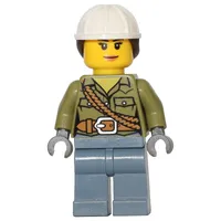 Volcano Explorer, Woman, Olive Green Shirt with Rope, White Hard Hat with Hair