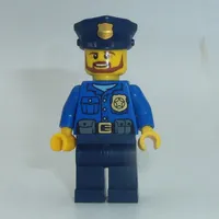 Policeman, Blue Shirt with Badge and Pouches, Dark Blue Legs, Dark Blue Police Hat with Badge, Beard