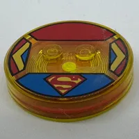Function Brick Round 4 x 4 x 2/3 with 2 Studs and Yellow and Red Supergirl Logo Print