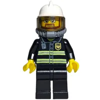 Fireman, Black Fire Jacket with Reflective Stripes, Radio, and Badge, White Helmet with Visor, Breathing Apparatus, Airtanks, Beard and Glasses