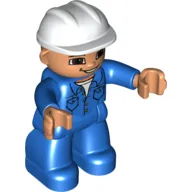 Duplo Figure with Construction Helmet White, and Blue Long Sleeve Jacket, and Legs, Green Eyes and Closed Mouth