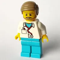 Doctor, White Shirt over Medium Azure Scrubs with Stethoscope and Pocket, Dark Tan Hair, Beard