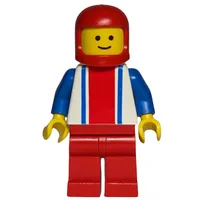 Man, White Top with Large Red Stripe and 2 Blue Stripes, Red Legs, Red Helmet