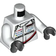 Torso Race Suit with 'PORSCHE DMG MORI' and Black, Red and Light Bluish Gray Stripe on Front and Back Print, White Arms, Black Hands