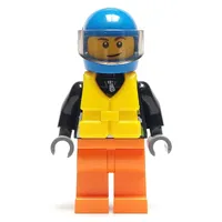 Racer, Black Jacket with Extreme Team Logo, Orange Legs, Blue Helmet with Visor, Yellow Life Vest