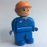 Duplo Figure, Early, Hard Hat Orange, Blue Legs, Shirt with Pockets / 'Cargo' on Back Print