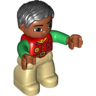 DDuplo Figure with Parted Wavy Hair Black, with Red Shirt with Paw Print Badge and Bright Green Sleeves, Medium Nougat Face, Tan Legs