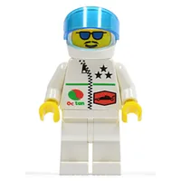 Racer, White Jacket with Zipper and Octan Logo, White Helmet with Visor, Blue Sunglasses