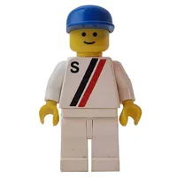 Racer, White Shirt with Two Stripes and 'S', White Legs, Blue Cap