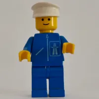 Man, Blue Jacket with Highway Logo, Blue Legs, White Hat