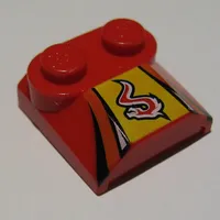 Brick Curved 2 x 2 x 2/3 Two Studs and Lip End with Red/White Flame on Yellow, Black Stripes Print
