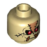 Minifig Head Scarecrow, Red Eyes, Orange Triangular Patch on Forehead, Stitches Front and Back Print