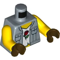 Torso Vest, Pockets and Collar, Open over White Shirt with Rose Print, Yellow Arms, Dark Brown Hands