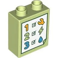 Duplo Brick 1 x 2 x 2 with Check List, 1, 2, 3, Wrench, Lightning Bolt, Droplet print