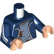 Torso Jacket, Open over Dirty and Tattered Undershirt Print, Dark Blue Arms with White Stripes Print, Light Nougat Hands