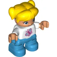 Duplo Figure Child with Ponytails and Bangs Yellow, Dark Azure Legs, Pink Butterfly Print
