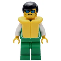 Man, Green Jacket, Green Legs, Black Hair, Yellow Life Vest, Sunglasses
