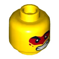 Minifig Head Monkie Kid, Thick Eyebrows, Serious / Lopsided Open Mouth Smile with Teeth and Red Paint Around Eyes Print