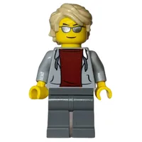 Man, Light Bluish Gray Hoodie over Dark Red Shirt, Dark Bluish Gray Legs, Bright Light Yellow Hair, Silver Sunglasses