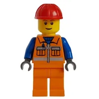 Construction Worker, Orange Safety Vest with Zipper and Pockets, Orange Legs, Red Hard Hat