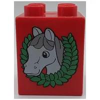 Duplo Brick 2 x 2 x 2 with Horse Head and Wreath Print