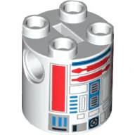 Brick Round 2 x 2 x 2 Robot Body, Axle Holder '+' Orientation with Blue and Red Astromech Droid Print (R5-D8 / R5-D4)