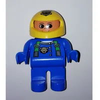 Duplo Figure, Early, Helmet Yellow, Blue Legs, Blue Arms, Jacket with Green Straps Print