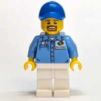 Man, Medium Blue Shirt with Octan Logo, White Legs, Blue Cap, Goatee Beard