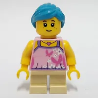 Girl, Bright Pink Top, Short Tan Legs, Dark Azure Hair