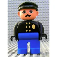 Duplo Figure, Early, with Flat Cap Black, Blue Legs, Six Buttons and Police Badge, Moustache, Nose Turned Down Print